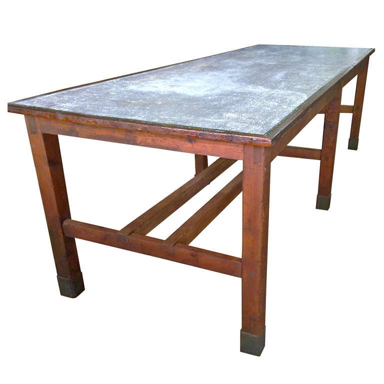 Industrial Zinc Topped Work Table For Sale