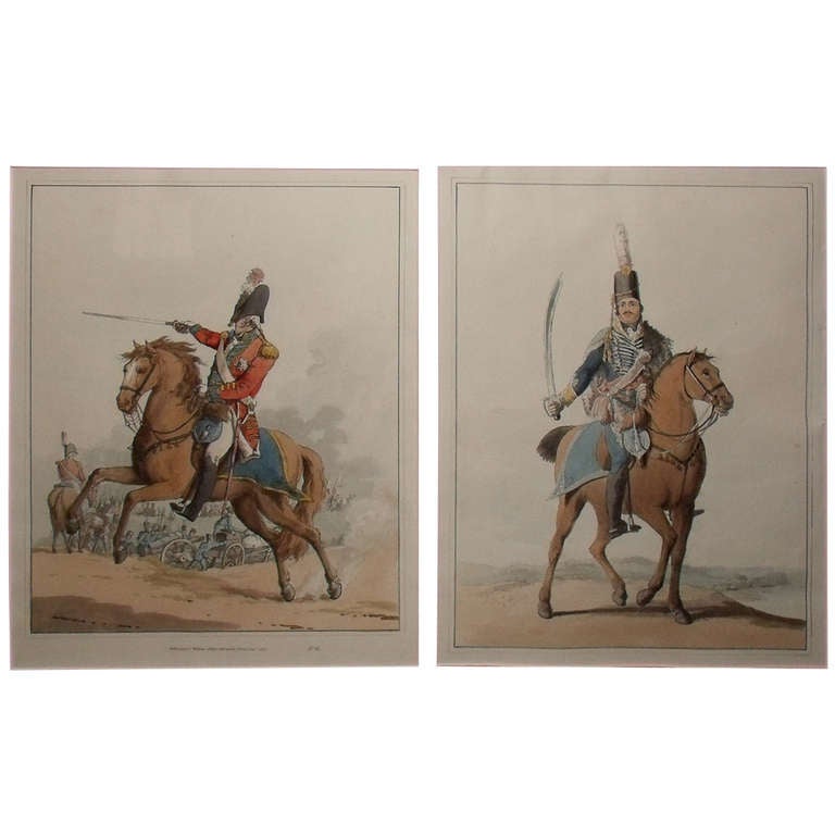 Pair Of Military Etchings, Officers On Horseback.1805. For Sale