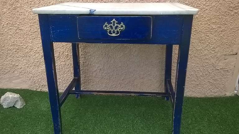 Polychromed in electric blue on an original 19th centrury Pine English side table of excellent proportions. The Marble on this rustic piece has been repaired but is most probably the original.