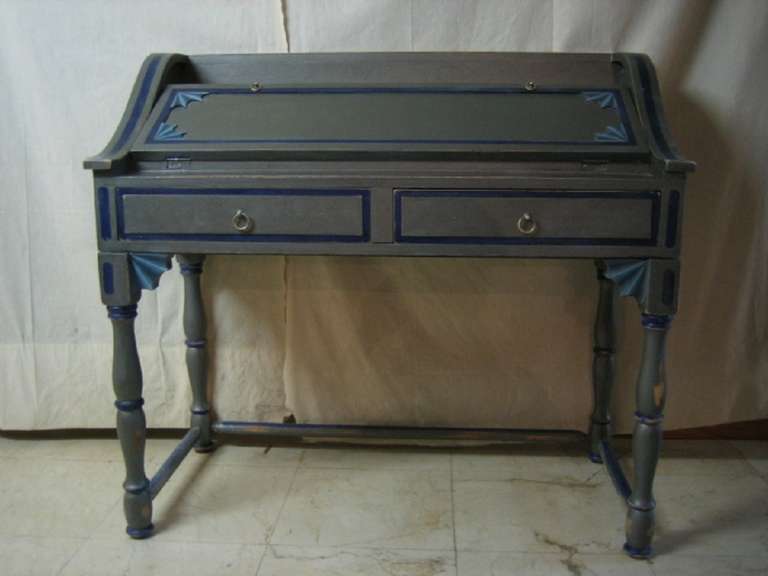 A very handsome, extremely useful Spanish Military style Bureau on separate legs, for ease of transportation.  Polychromed in gunmetal grey with Prussian blue finial decoration. Interior painted arcaded cubbyholes with pillars in faux marble and