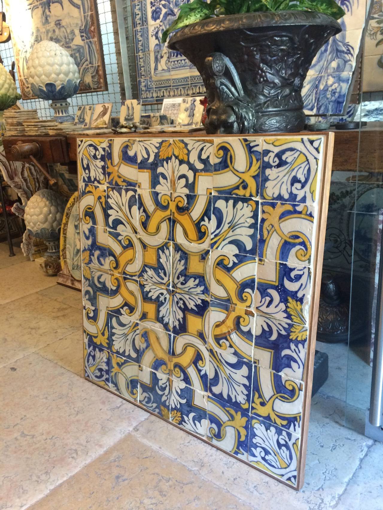 Azulejos polychrome mural composed by 36 tiles in a 6 by 6 module.
Produced in Lisbon, mid-17th century.
During the 17th century Lisbon's potteries were inspired by Italian-Flemish tapestries to produced various geometric and foliage decoration