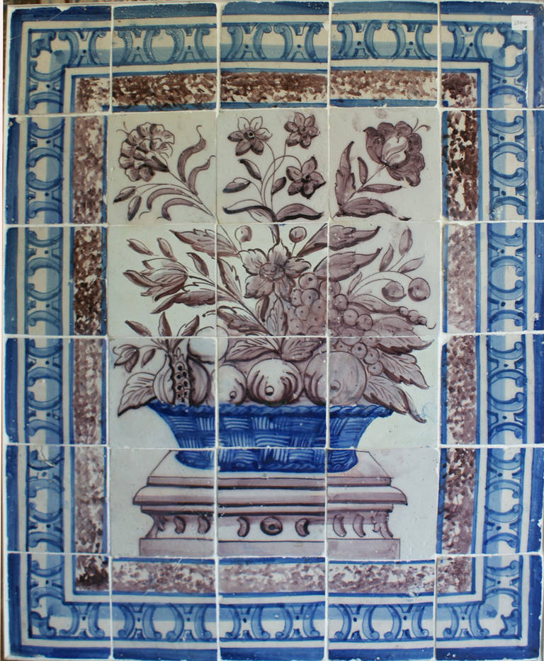 Blue and manganese on white tile panel representing a flower vase, Albarrada.