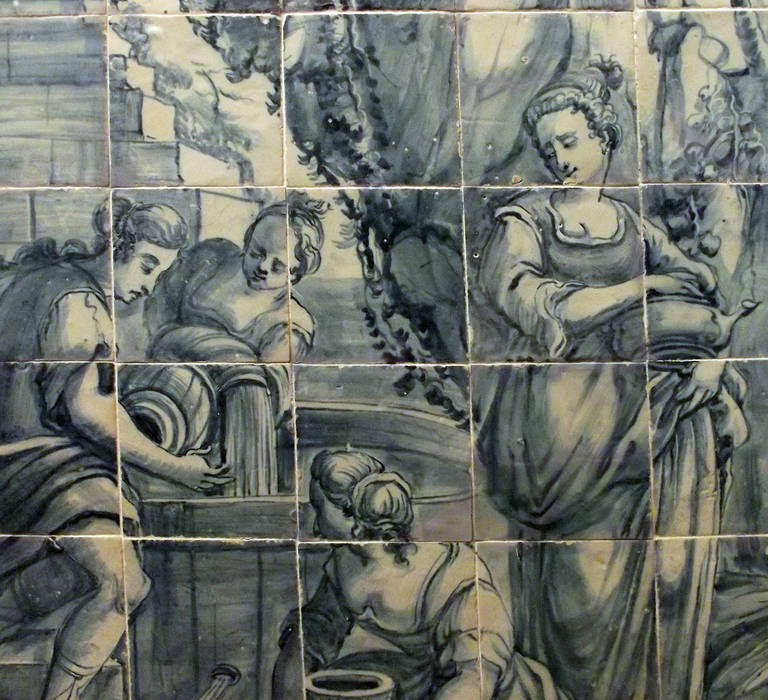 18th Century Portuguese Blue on White Tile Panel, Works of Hercules In Fair Condition In Lisbon, PT