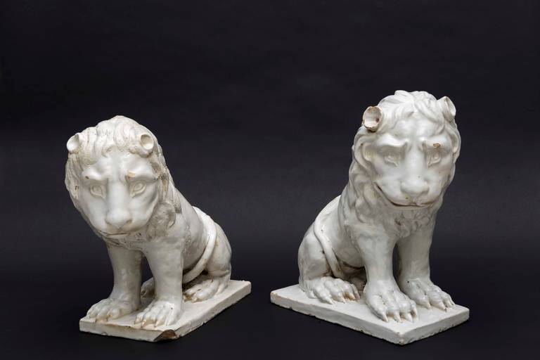 19th Century Pair of Glazed Faience Lions
