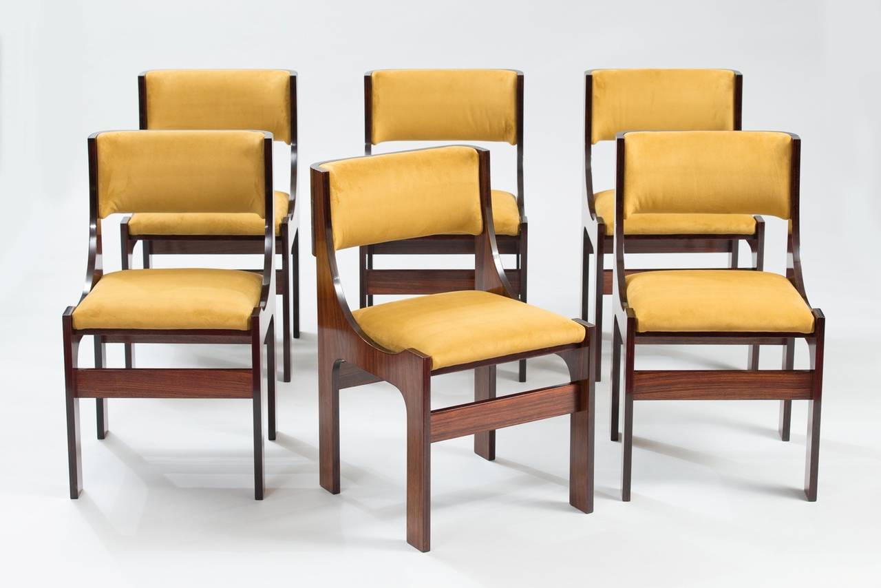 Set of six rosewood dining chair re-upholstered in yellow velvet.