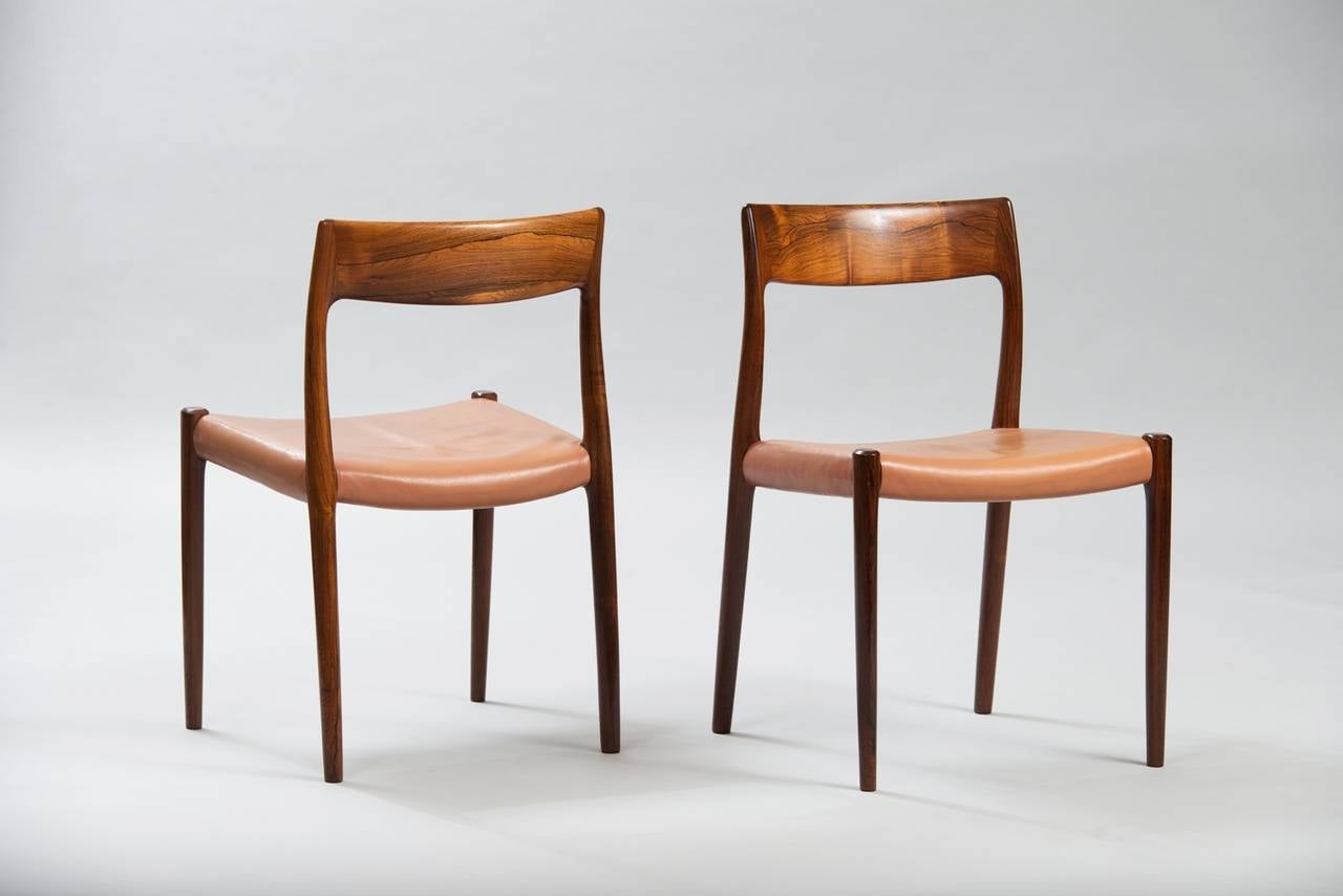 Set of six rosewood and leather dining chairs, model 77.
Producer: J.L. Møller.