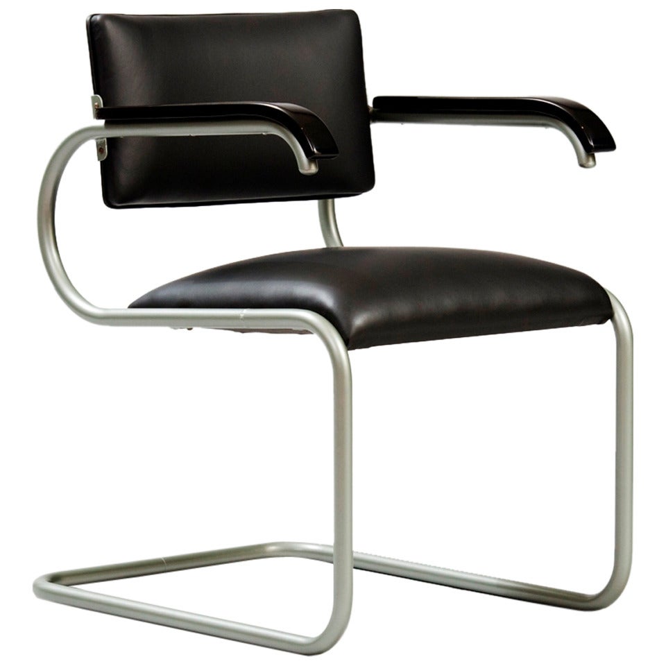 Black Leather Modernist Tubular Desk Chair