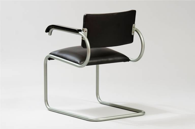 German Black Leather Modernist Tubular Desk Chair