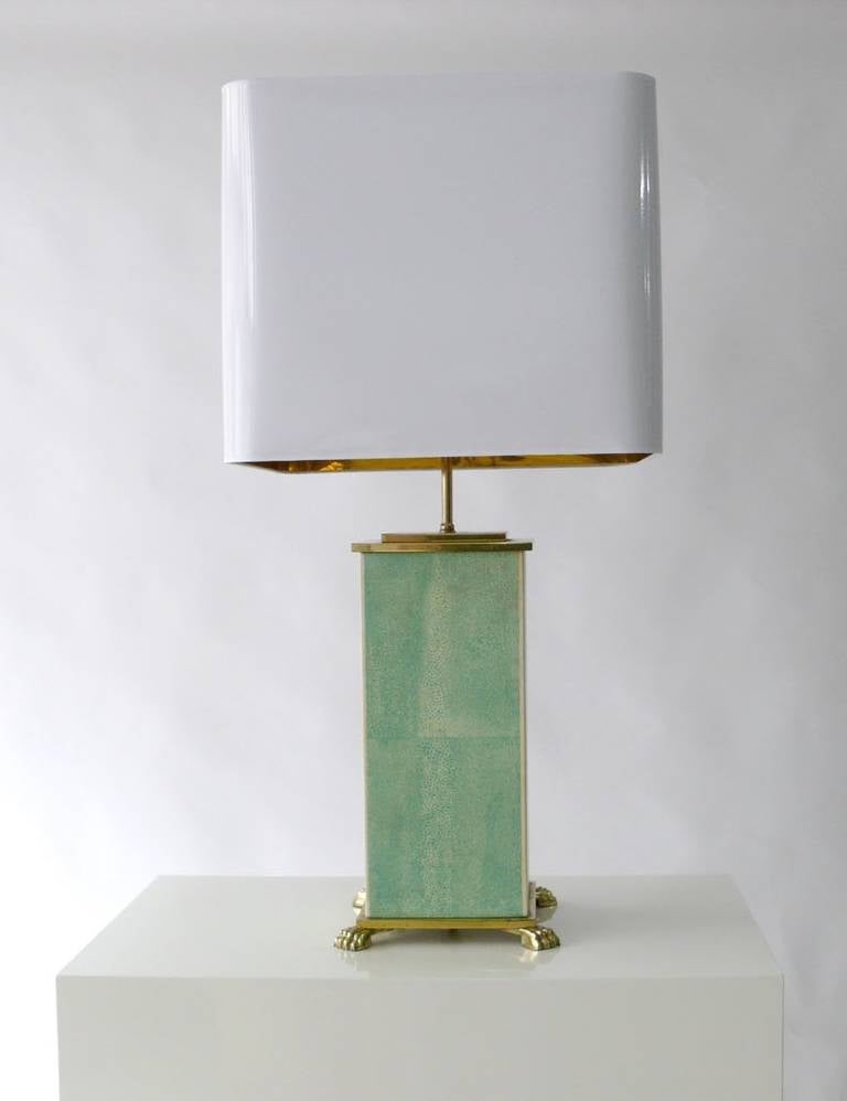 Table lamp in bronze, brass and sharkskin trompe l'oiel.
(not signed).