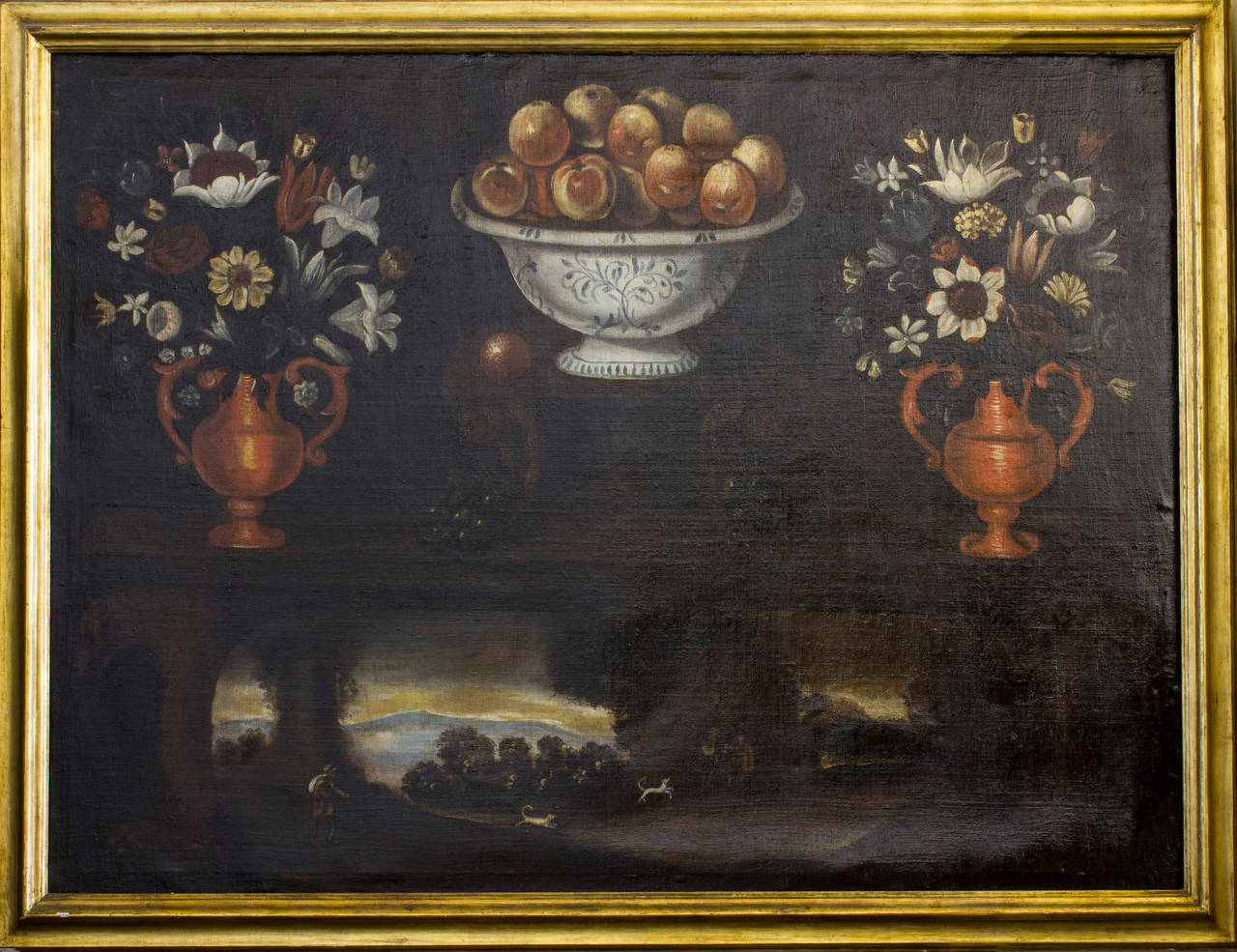 Still life with hunting scene. Attributed to Antonio Lagos, 17th century, Portugal. Oil on canvas painting.