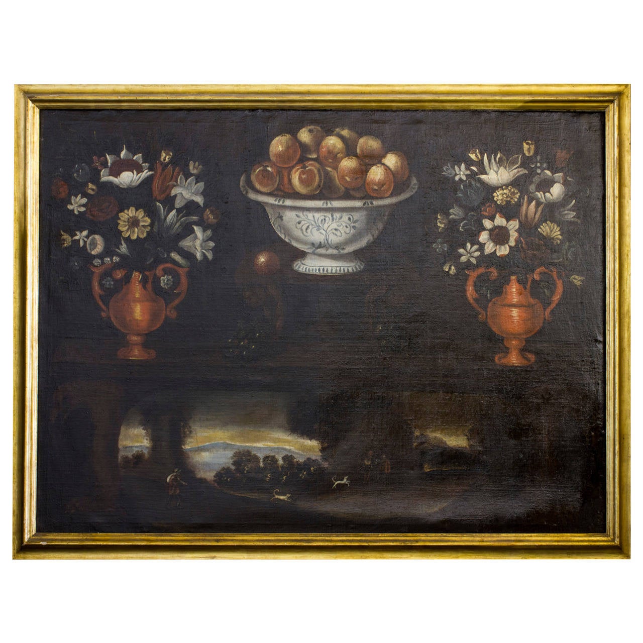 17th Century Still Life with Hunting Scene, Oil on Canvas Painting For Sale