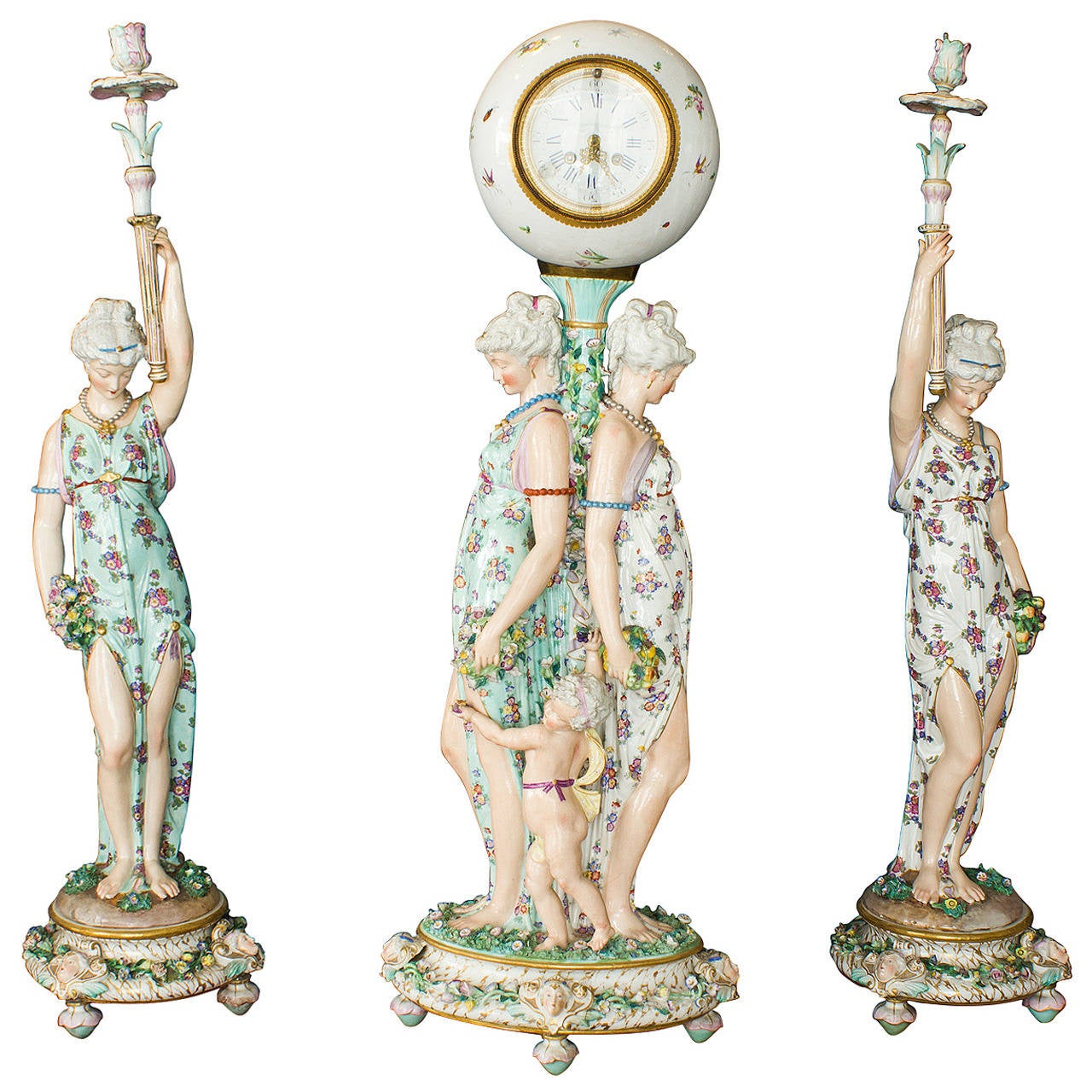 18th-19th Century Meissen Porcelain Candlesticks and Clock Depicting Ladies For Sale