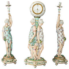 Antique 18th-19th Century Meissen Porcelain Candlesticks and Clock Depicting Ladies