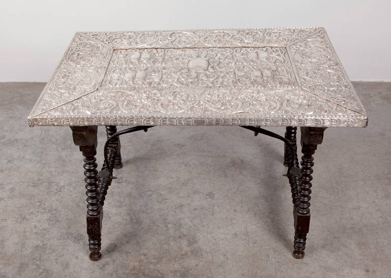 18th Century Table with Embossed Silver Table Top and Walnut Legs