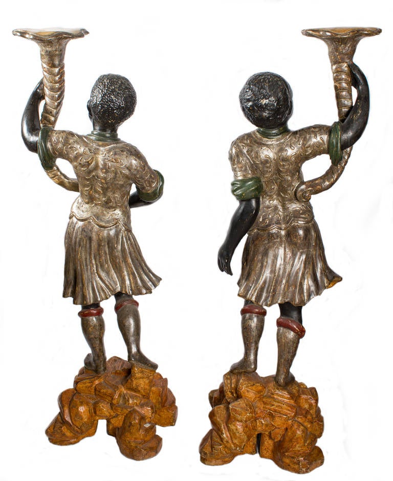 Italian 18th-19th Century Pair of Venetian Blackamoor Statue Candleholders For Sale