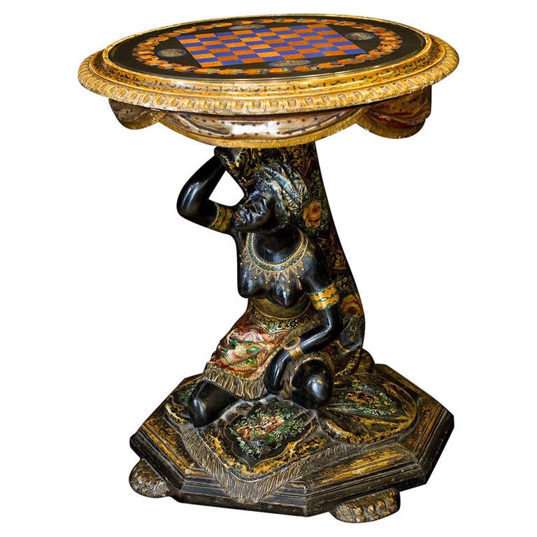 19th Century Venetian Table with Micro-Mosaic Chess Table Top and Woman Figure For Sale