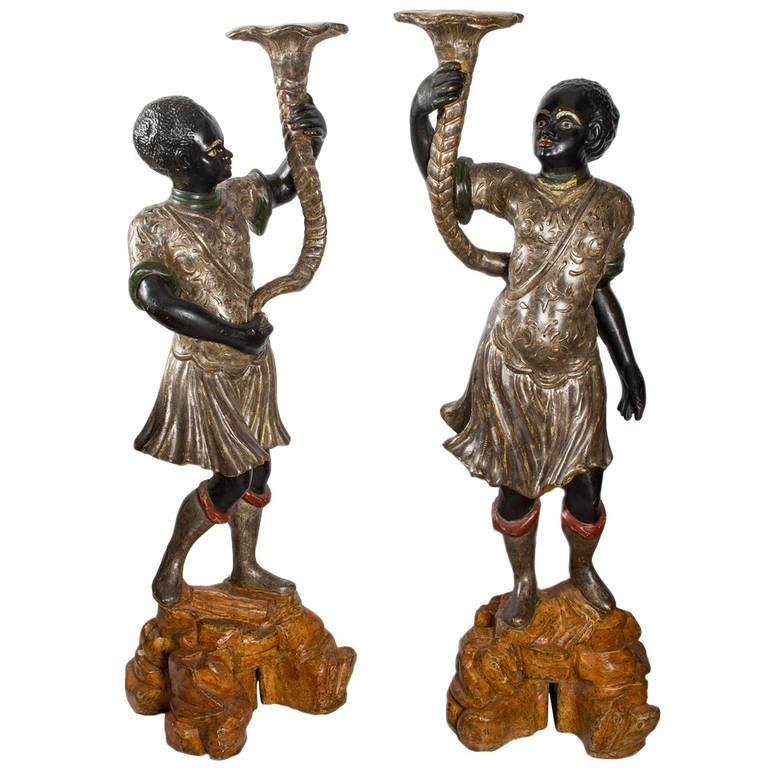 18th-19th Century Pair of Venetian Blackamoor Statue Candleholders For Sale