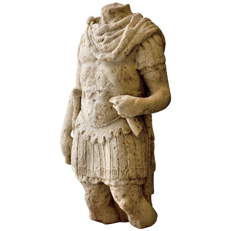 Roman Torso Sculpture from 2nd Century Depicting a Centurion in White Marble For Sale