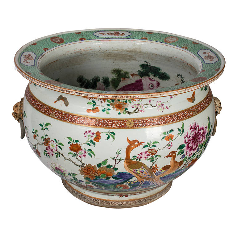 Very Large Chinese Porcelain Fish Bowl with Polychrome Enamels, Qing Dynasty For Sale