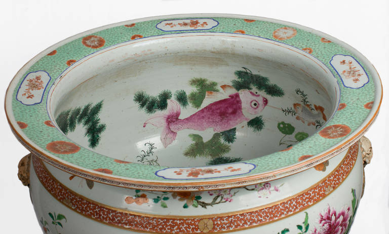 18th Century and Earlier Very Large Chinese Porcelain Fish Bowl with Polychrome Enamels, Qing Dynasty For Sale