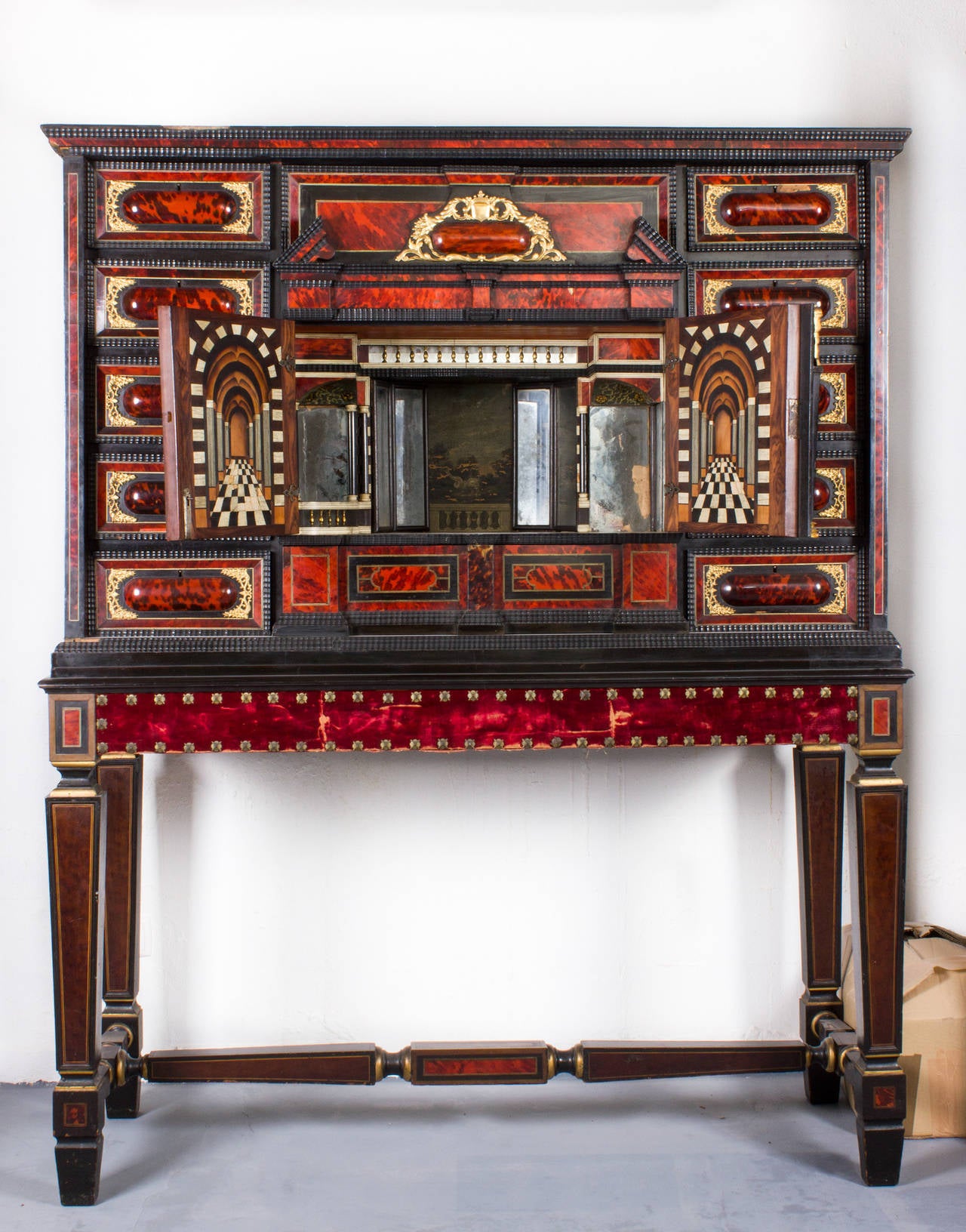 17th C. Amberes cabinet with Interior decorated with mirrors and chess floor in perspective and pyro engraved.