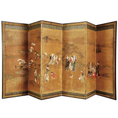 Antique Edo Period Japanese Folding Screen with Six Leafs