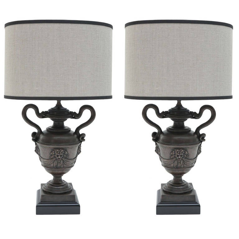 Pair of Cast Bronze Neoclassical Urn Lamps with Custom Shades For Sale