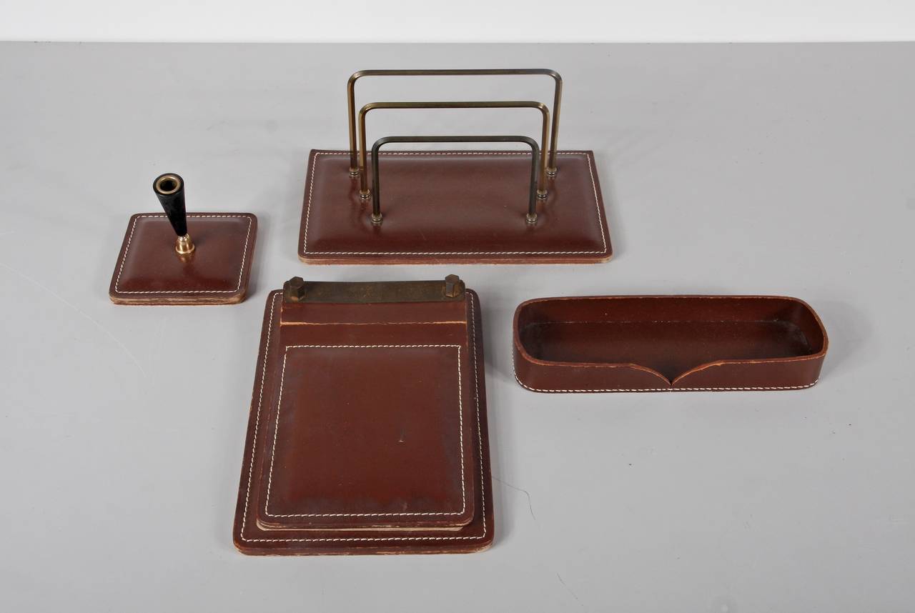 Leather Jacques Adnet Attributed Office Set