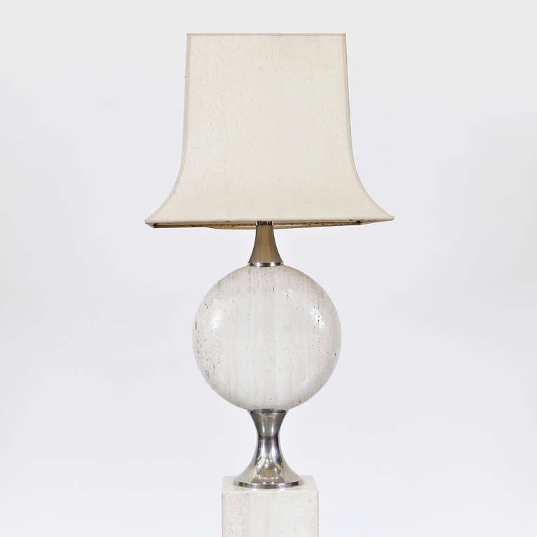 Plated Very Large Rare Maison Barbier Large Travertine Floor Lamp, 1970 For Sale