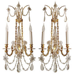 Exquisite Pair of Gilded Bronze and Crystal Wall Lights of Louis XVI Style