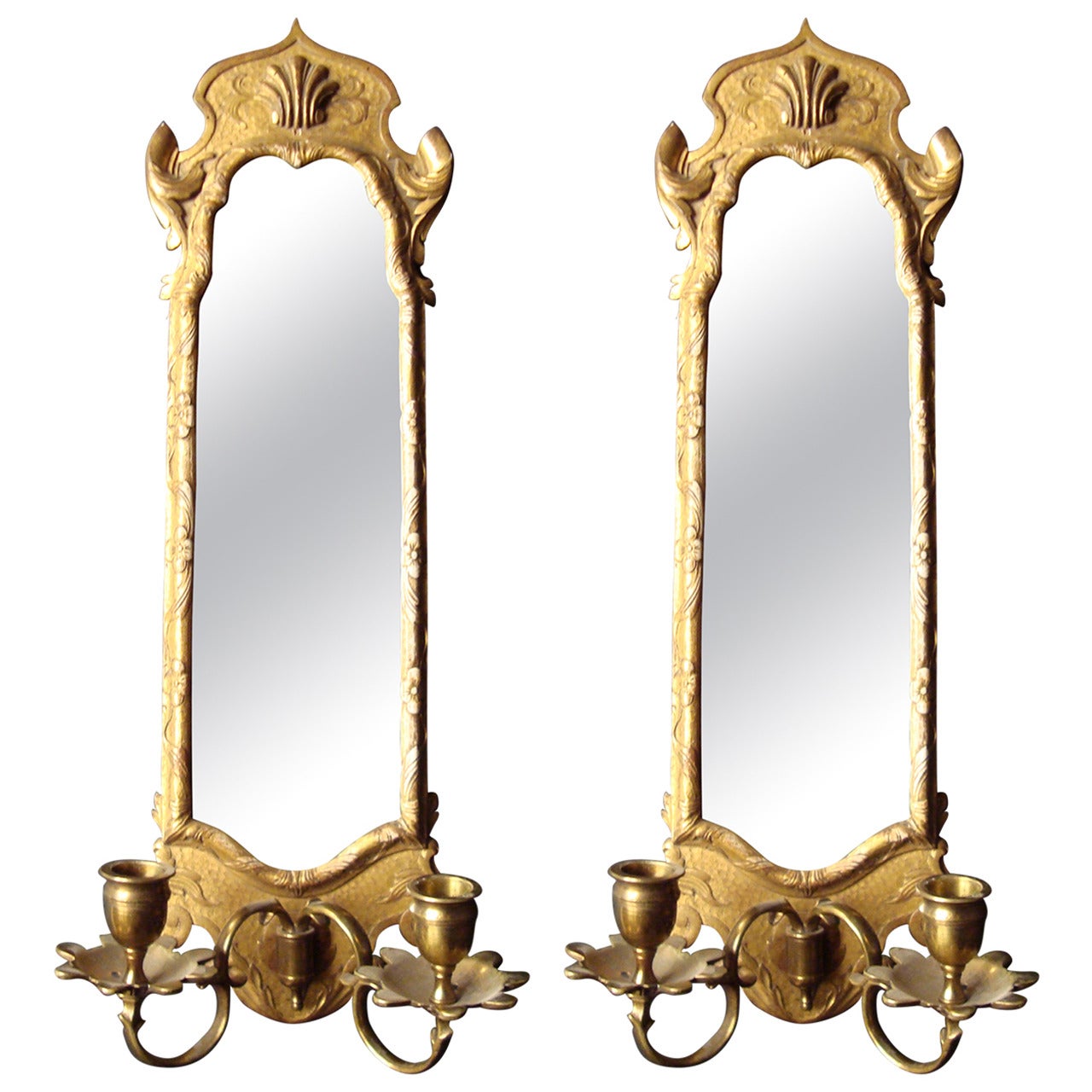 Pair of Carved Gilt Wood Queen Anne Style Wall Lights