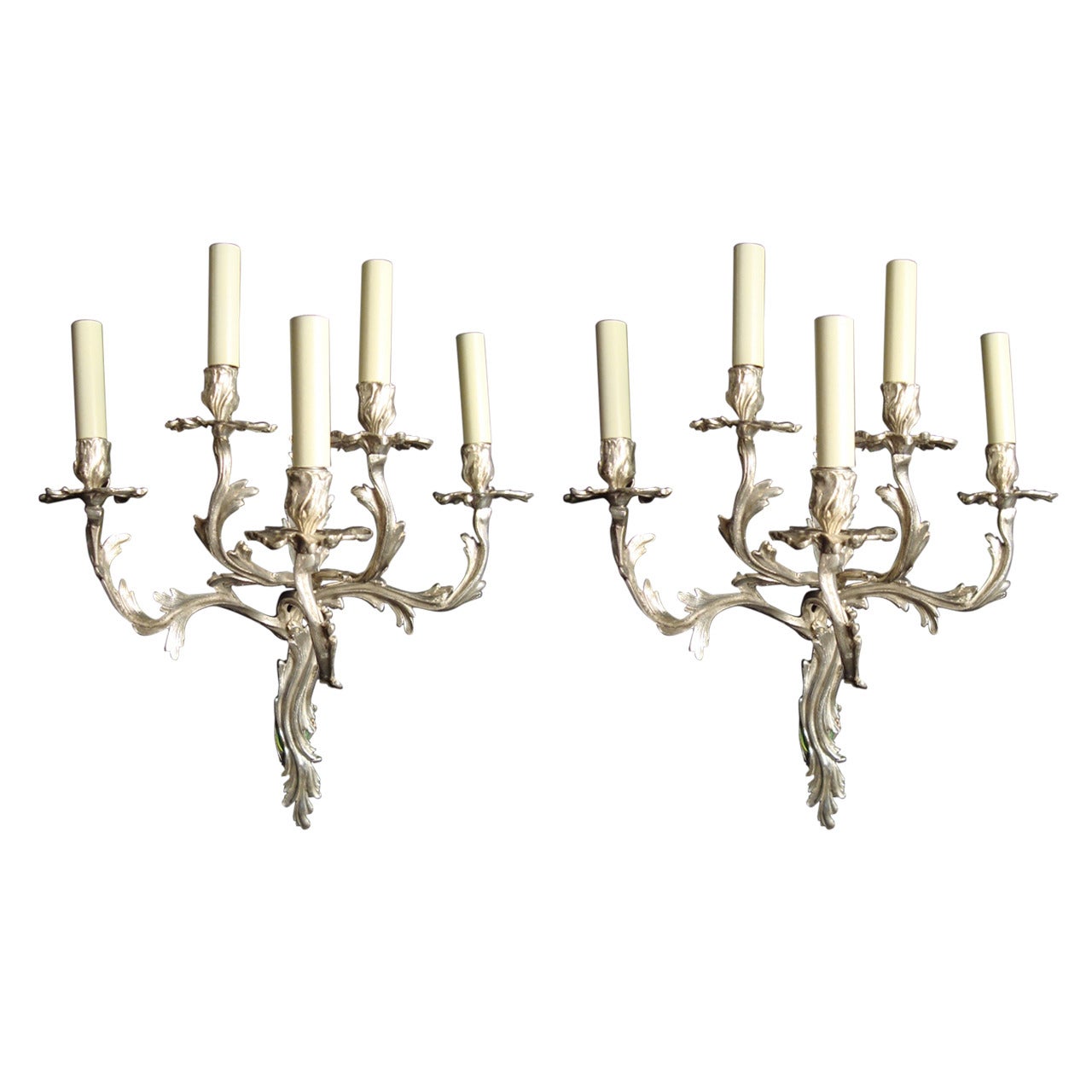 Pair of Silvered Louis XV Style Wall Lights For Sale