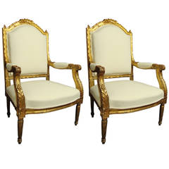 Pair of Carved Giltwood Louis XVI Style Fauteuils