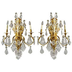Rare Pair of Large 19th Century Ormolu and Crystal Wall Lights