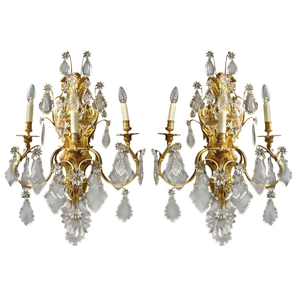 Rare Pair of Large 19th Century Ormolu and Crystal Wall Lights