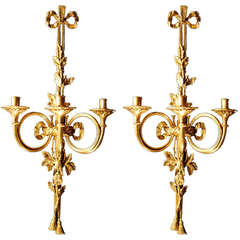 Important Pair of Louis XVI Style Gilded Bronze Wall Lights