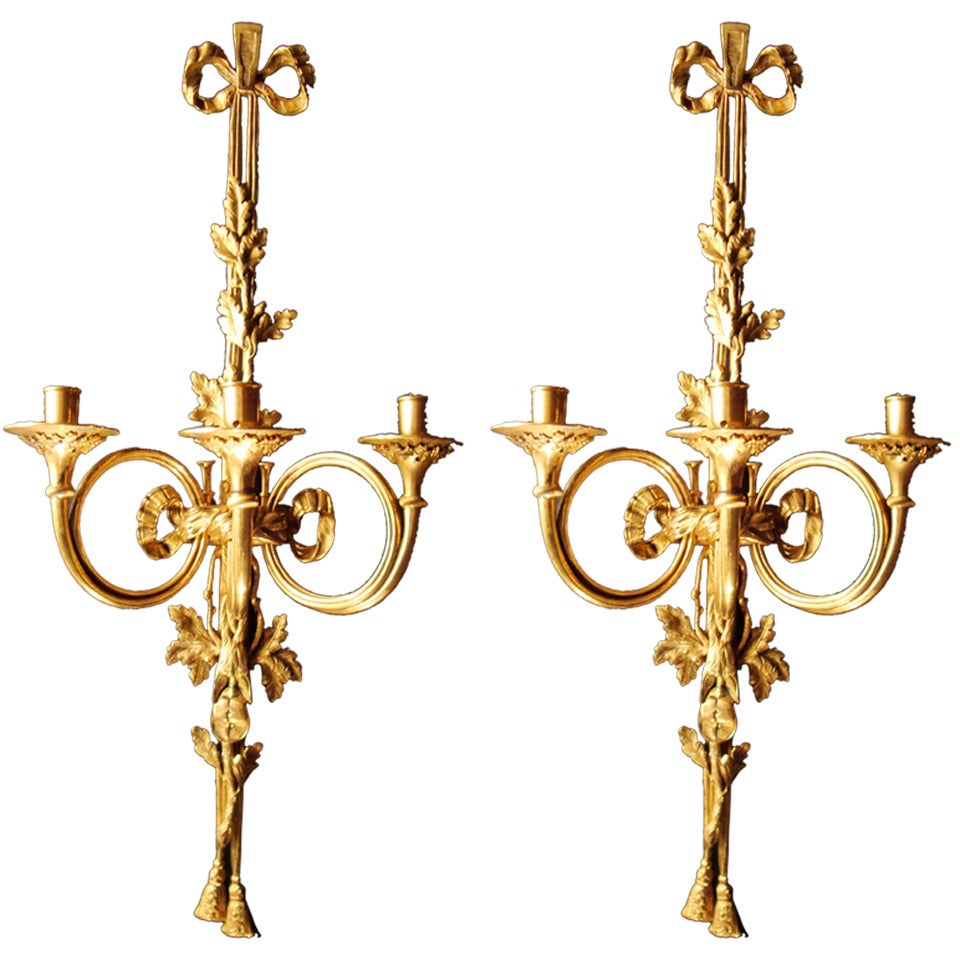 Important Pair of Louis XVI Style Gilded Bronze Wall Lights