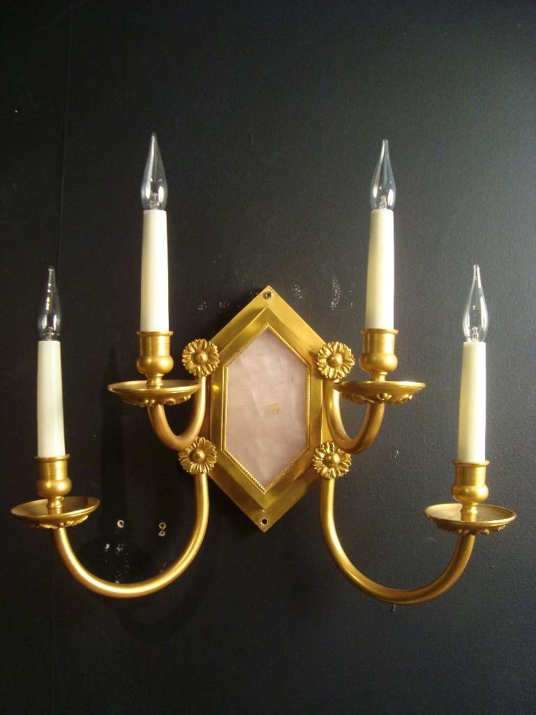 Pair of French Pink Quartz and Gilt Brass Wall Lights For Sale at 1stdibs