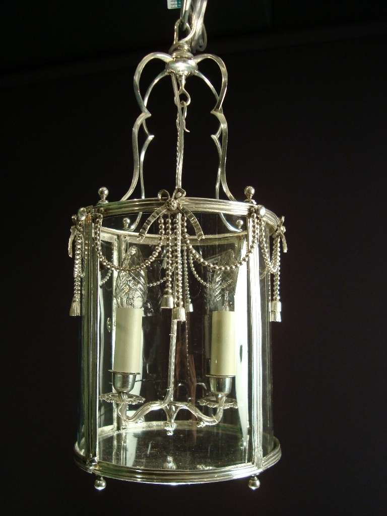 A nice quality silver plated bronze Louis XVI style two lights drum lantern. French, Circa 1860
Professionally adapted and wired for electricity