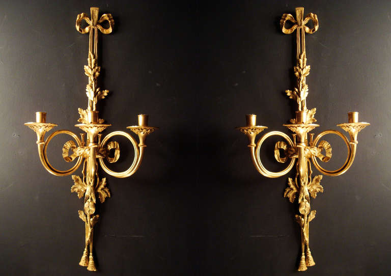 Ormolu Important Pair of Louis XVI Style Gilded Bronze Wall Lights