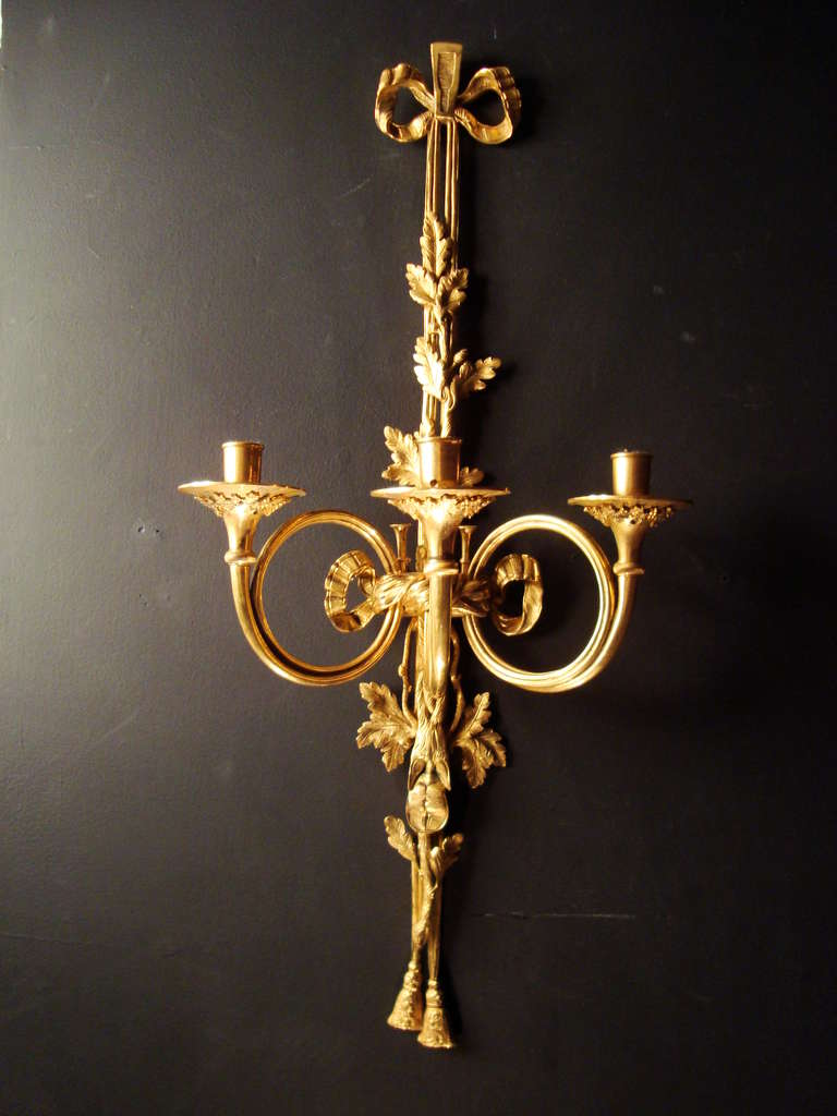 Important Pair of Louis XVI Style Gilded Bronze Wall Lights