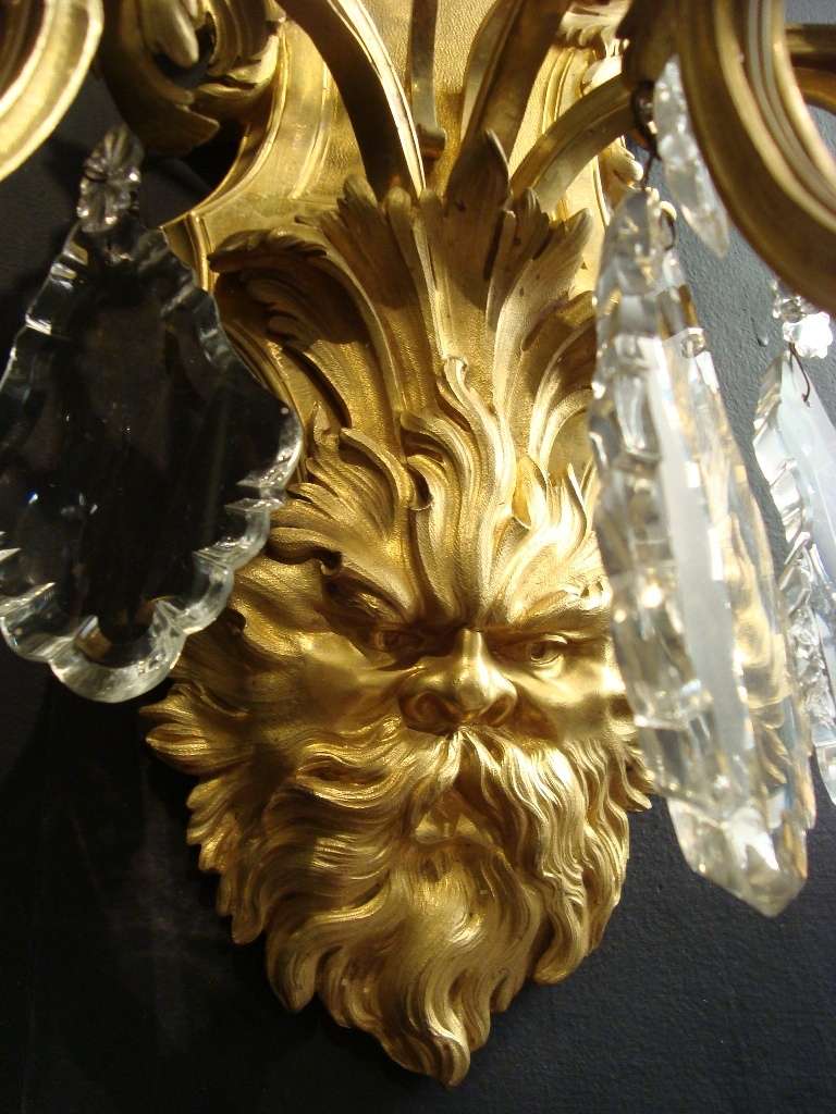 French Rare Pair of Large 19th Century Ormolu and Crystal Wall Lights