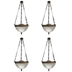 Set of Four Cut Glass and Brass Hanging Lights