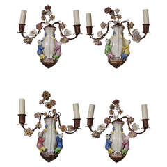 Most Charming and Rare Set of Four Gilt Brass, Mounted Porcelain Wall Lights