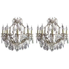 Pair of French 19th Century Silvered Bronze and Crystal Glass Chandeliers