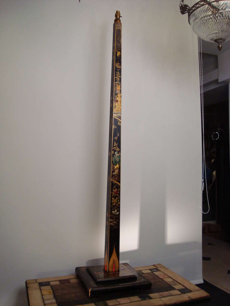 Tall Black Lacquer, Polychrome and Parcel Gilt, Chinoiserie Standard Lamp