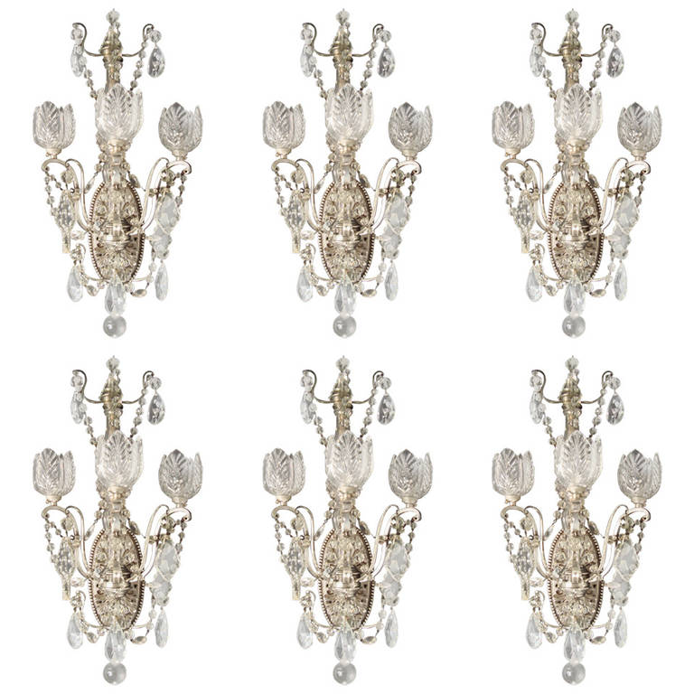 Set of 4 Silvered Bronze and Crystal Three-Light Wall Lights by Faraday and Sons at 1stdibs