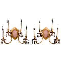 Pair of French Pink Quartz and Gilt Brass Wall Lights