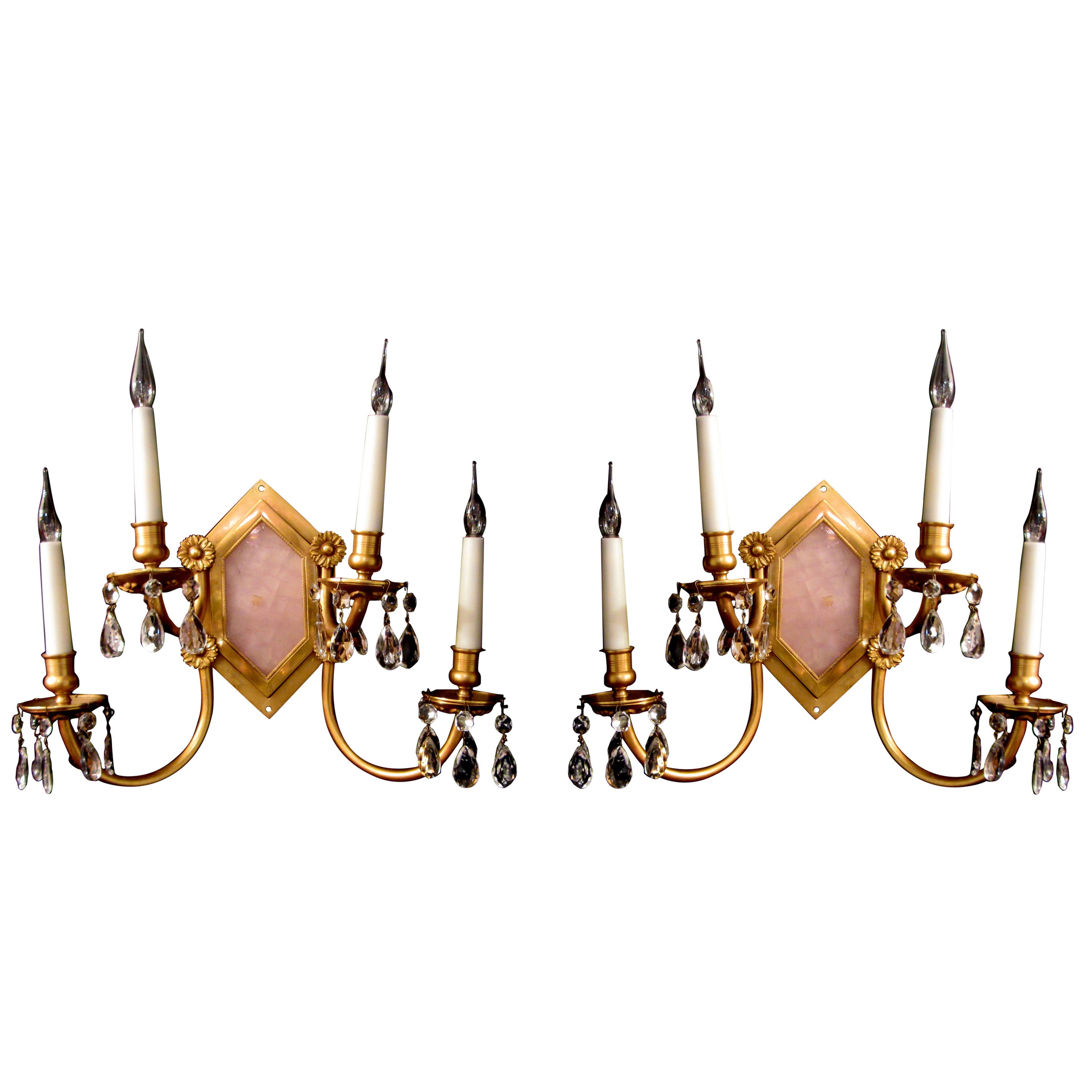 Pair of French Pink Quartz and Gilt Brass Wall Lights For Sale