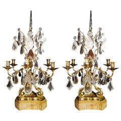 Extraordinary Pair of Large Gilded Bronze, Marble and Rock Crystal Girandoles